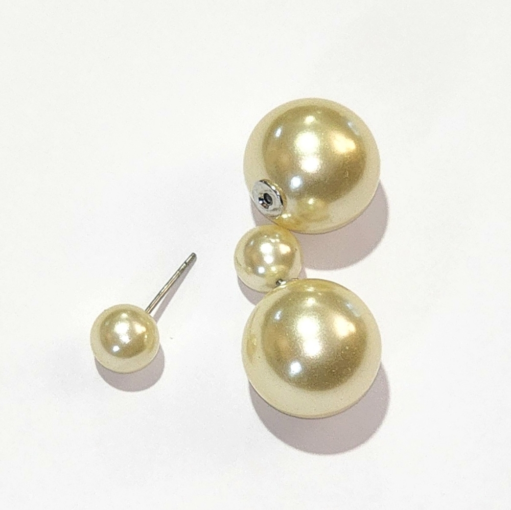 Large Oversized Double Ball Shiny Light Golden Yellow Shell Pearl Stud Earrings